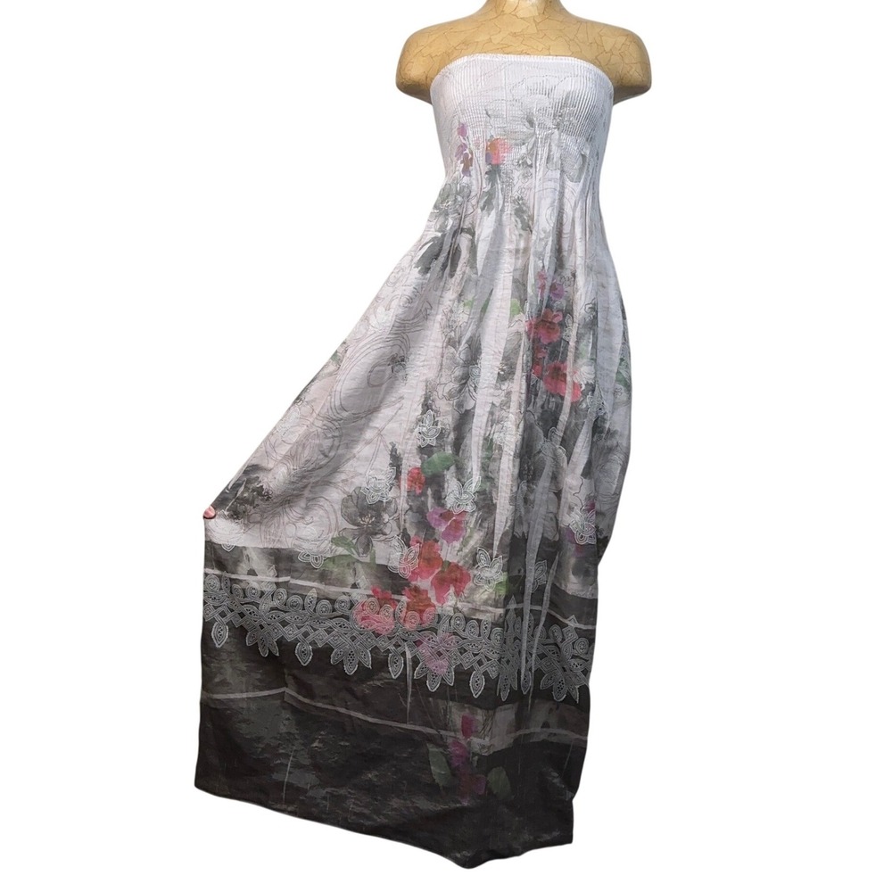 Fairy Strapless Smocked Floral Maxi Dress Gray Pink One Size Boho Cottagecore